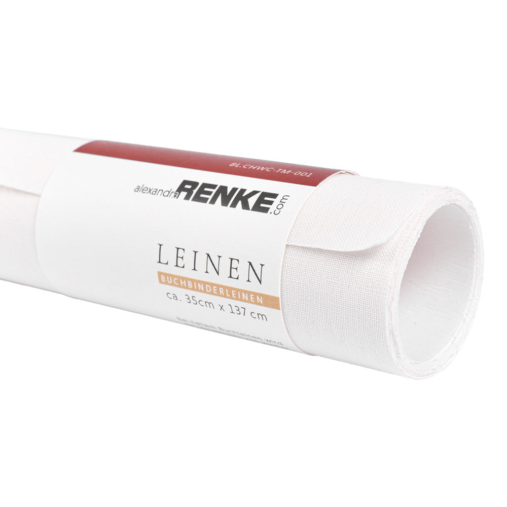 Ein gerollter Bogen weißes Leinenbuchbinderleinen mit der Aufschrift LEINEN von ☆, mit Produktangaben und Branding - ideal für Buchbinden und aus FCS zertifizierten Materialien.