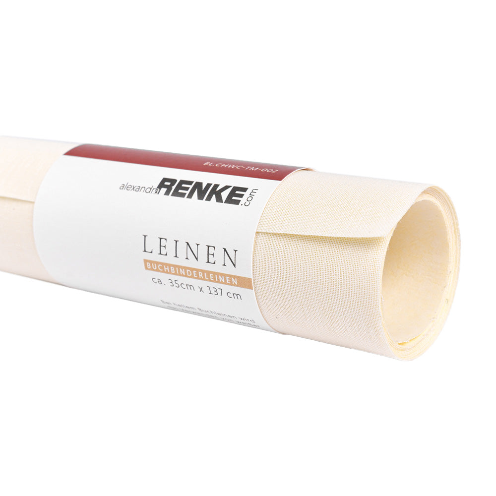 Ein gerolltes Blatt cremefarbenes Buchleinen (Leinen, FSC-zertifiziert) von ☆ mit den Maßen 35cm x 137cm.