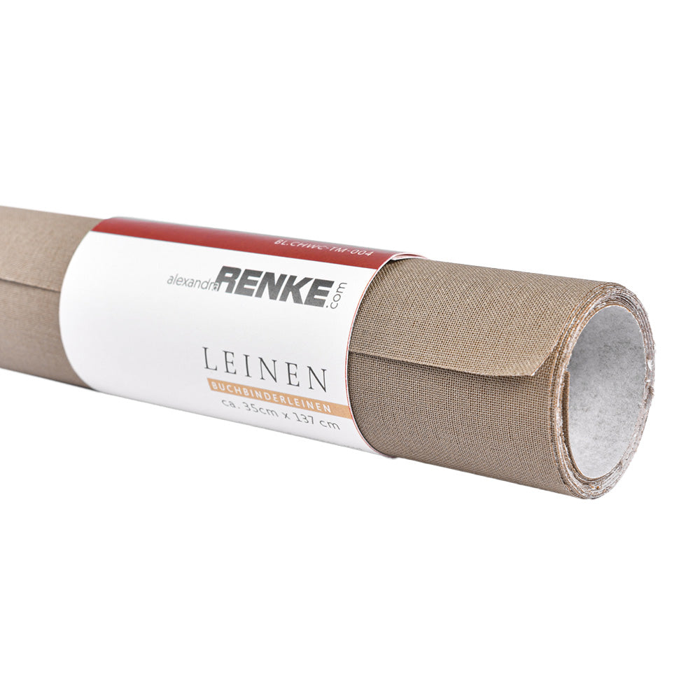 Ein aufgerolltes Stück braunes Buchleinengewebe von ☆ mit weißem Etikett, roter Verpackung und FCS-Zertifizierung.