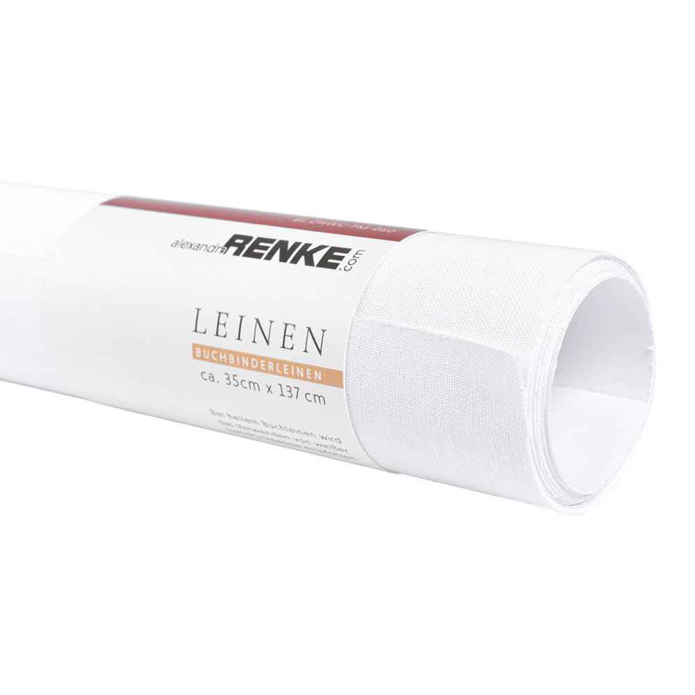 Eine Rolle weißer Buchleinen-Bucheinbandstoff mit Produktetikett mit Maßangaben, ☆ Branding und FCS-Zertifizierung.