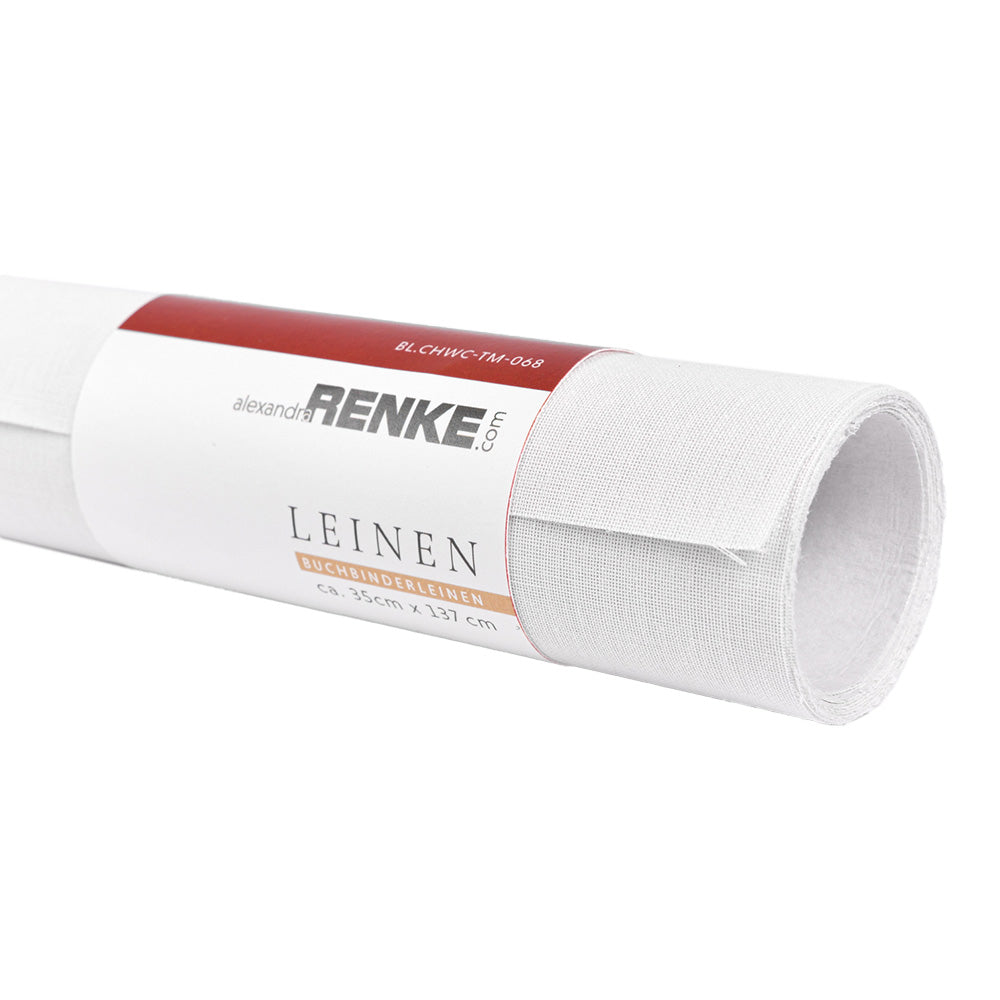 Ein aufgerollter Bogen aus weißem Buchleinenstoff von ☆, an einem Ende beschriftet; ideal für Bucheinband oder andere buchbinderische Projekte.