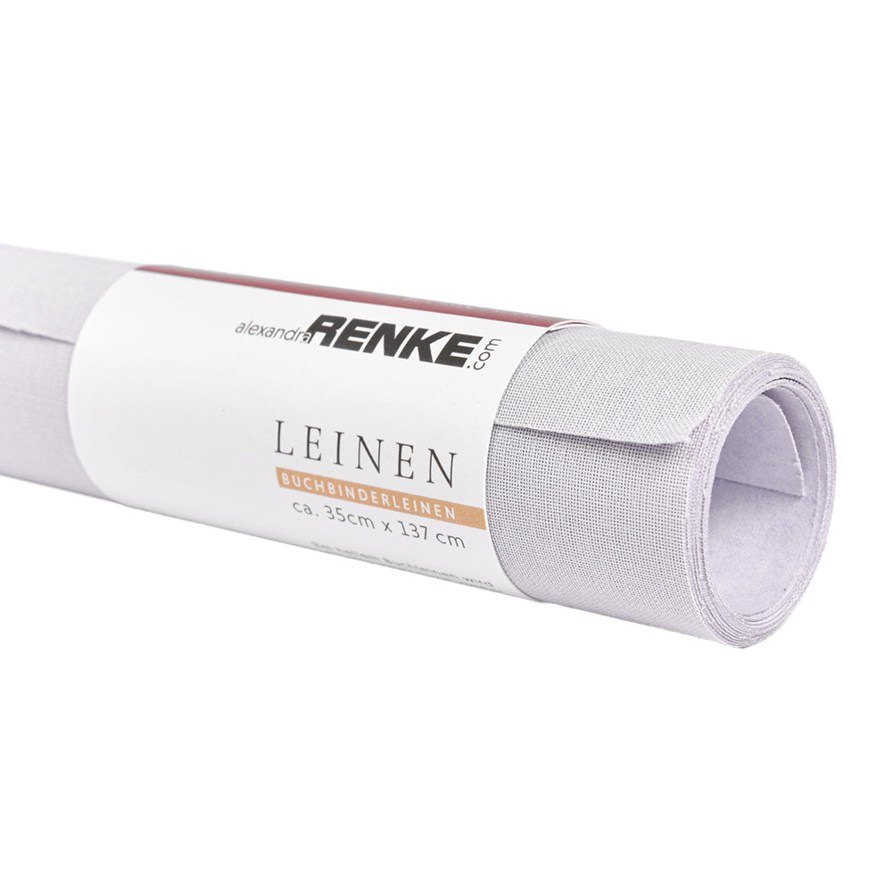 Ein aufgerollter Bogen hellgrauer Buchleinen-Bucheinbandstoff von ☆ mit weißem Etikett; ideal zum Buchbinden und FSC-zertifiziert für nachhaltiges Basteln.