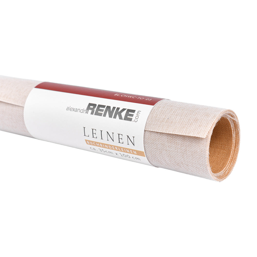 Ein aufgerollter Bogen beiger Leinenstoff (Marke: ☆), Größe 64 x 150 cm, mit der Bezeichnung Leinen-ideal als nachhaltiges Buchbinde-Material für umweltbewusste Buchbindeprojekte.