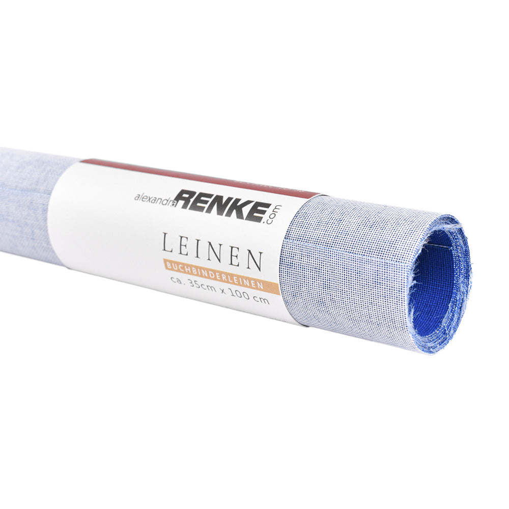 Eine Rolle hellblauer Leinenstoff von ☆, etikettiert mit Leinen und REACH zertifiziert, ca. 35 x 100 cm groß.