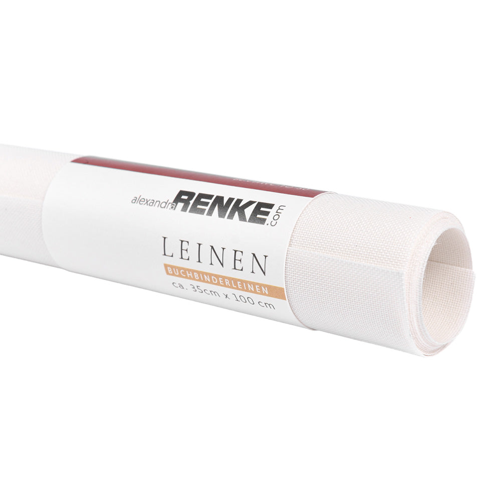 Aufgerollter weißer Leinenstoff von ☆, beschriftet mit "Leinen Buchbinderleinen", ca. 35cm x 1m - perfekt für umweltfreundliche Buchbinderei und nachhaltige Bucheinbandprojekte.