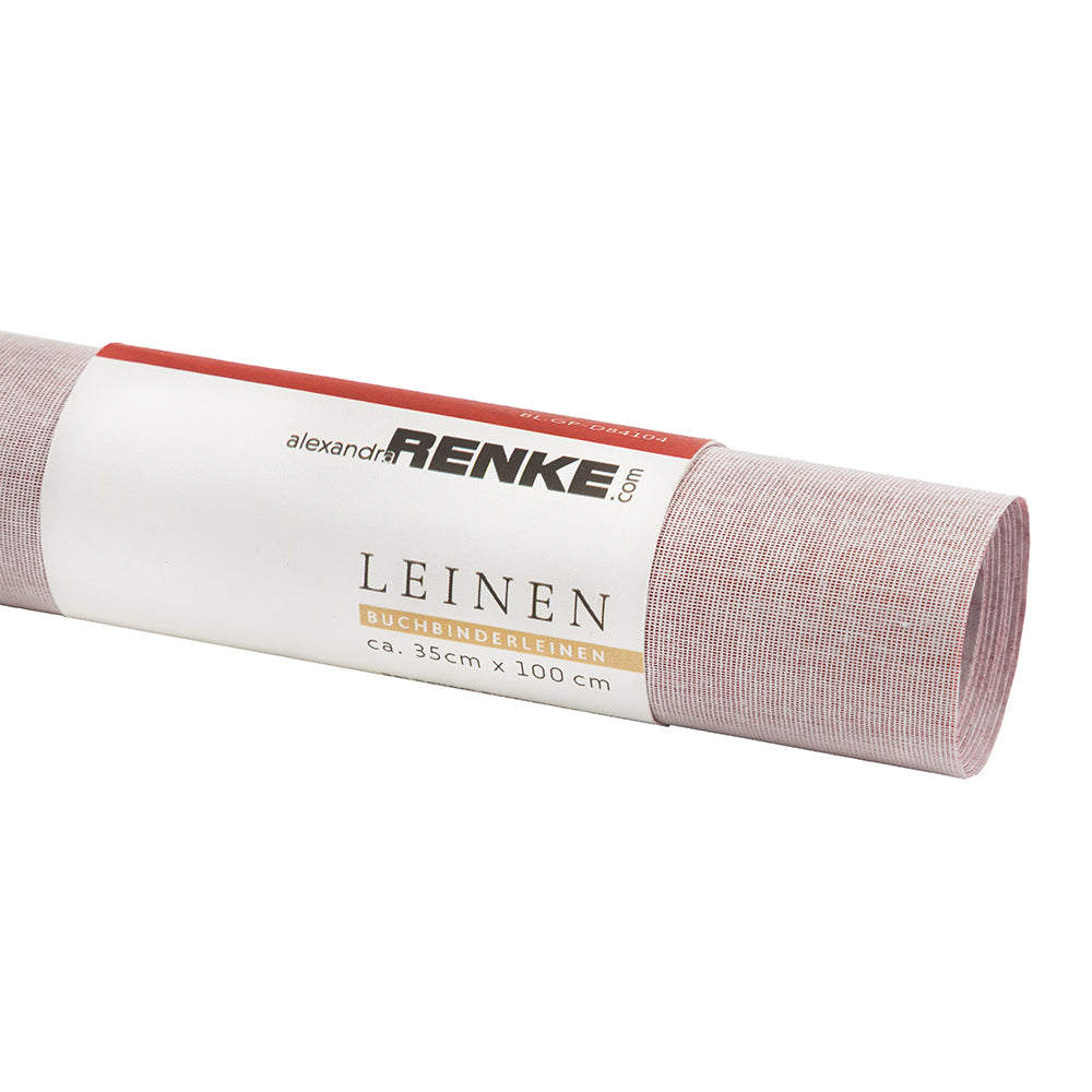 Eine aufgerollte Bahn Buchbinde-Leinenstoff mit der Aufschrift „Leinen“ und den Maßen ca. 35 cm × 100 cm, ideal für die Gestaltung eleganter Einbände in Buchleinen-Qualität und geeignet für dekorative Akzente wie Heißfolienprägung.