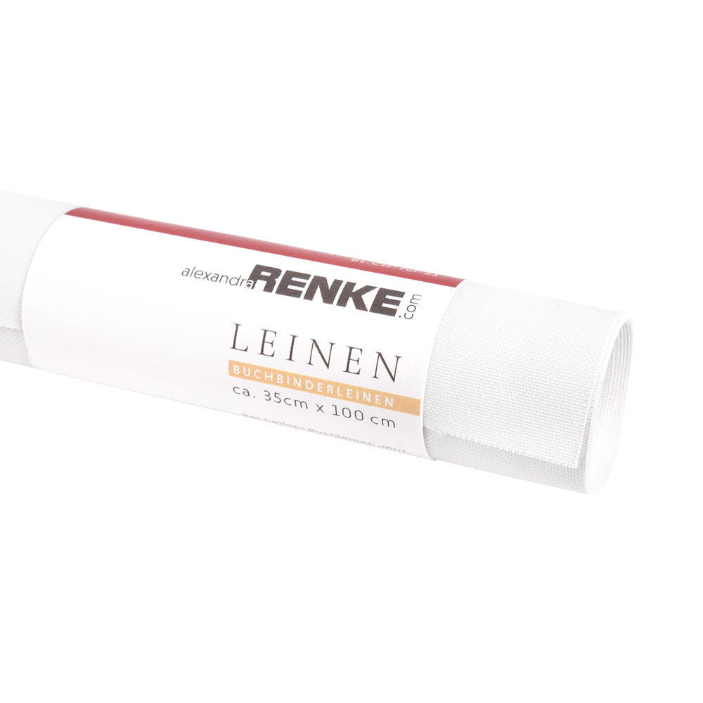 Ein gerolltes Blatt weißes, umweltfreundliches Buchleinen mit der Aufschrift Leinen, 35cm x 100cm von ☆-perfektes Buchbinden-Material für kreative Projekte.
