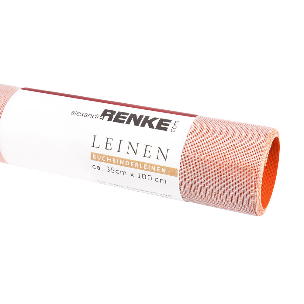 Ein 35cm x 100cm großer gerollter Bogen orangefarbener Buchleinen für Buchbinden, umweltbewusst, beschriftet mit LEINEN, von ☆.