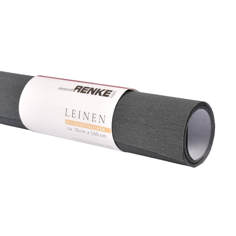 Ein gerollter Bogen dunkelgraues Buchleinen Viskose Buchbinderleinen von ☆ mit weißem Etikett - ideal für Buchbindeprojekte.