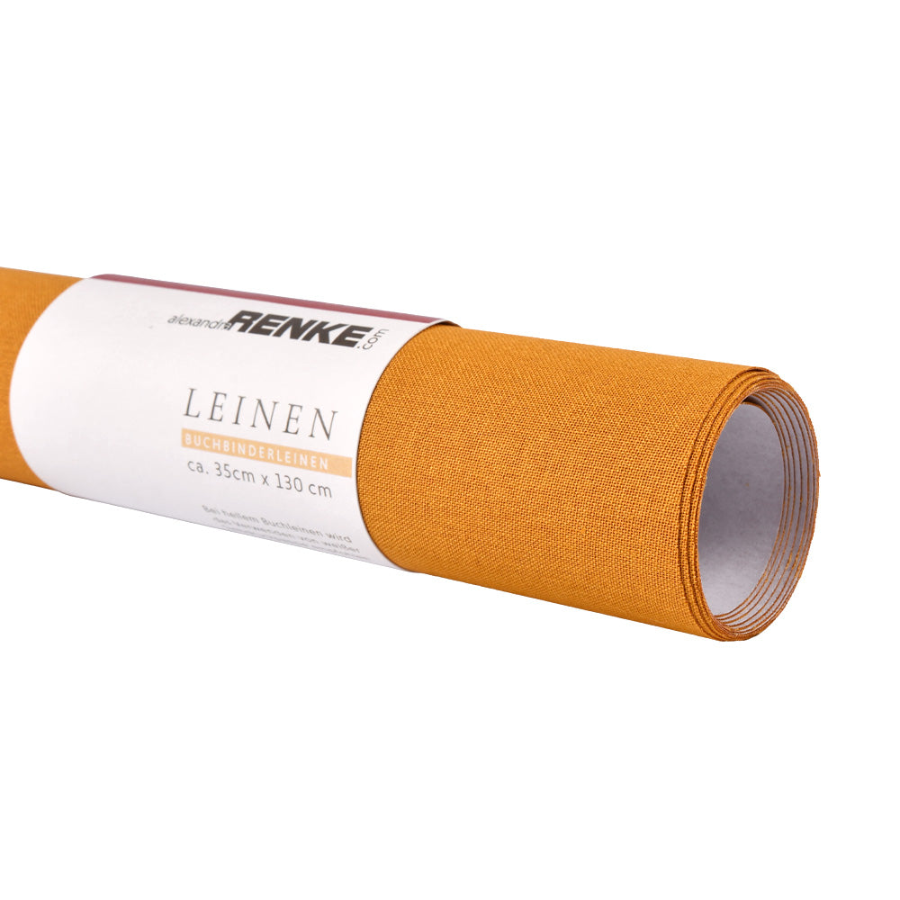 Ein gerollter Bogen orangefarbener Buchleinen-Bucheinbandstoff von ☆ mit weißem Etikett, ideal für Heißfolienprägung.