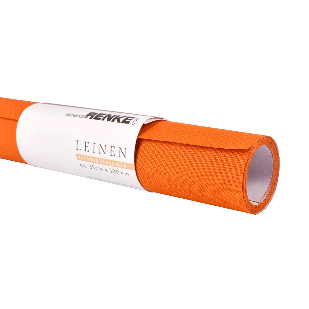 Eine Rolle orangefarbenes Viskosegewebe aus Leinen von ☆, eingewickelt in ein weißes Etikett.