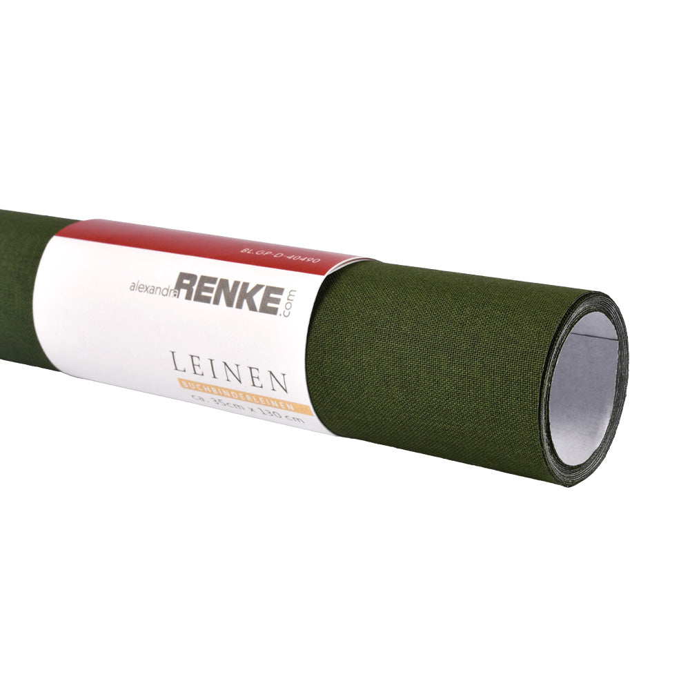 Eine Rolle dunkelgrüner Buchleinen-Viskose-Stoff von ☆ mit einem weiß-roten Etikett, ideal für Buchbinden oder Projekte, die Heißfolienprägung erfordern.