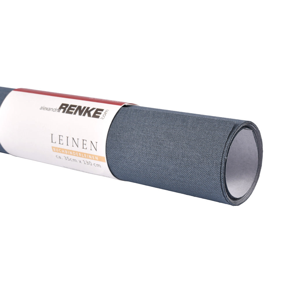 Ein aufgerollter dunkelgrauer Buchleinen-Viskose-Stoff mit einem ☆ Markenetikett und Abmessungen, ideal für Buchbinden-Projekte.