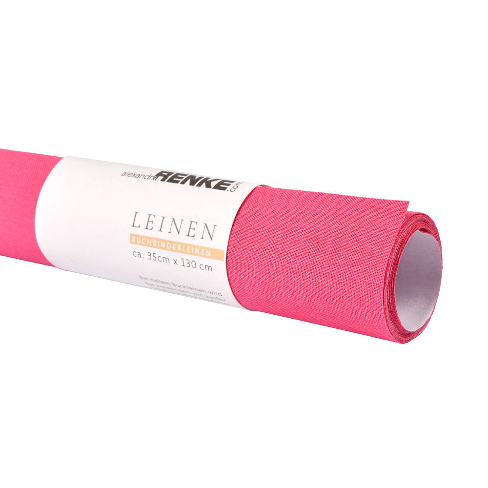 Ein zusammengerolltes Blatt aus rosa Buchleinen Viskose-Stoff von ☆, mit einem weißen Etikett umwickelt.