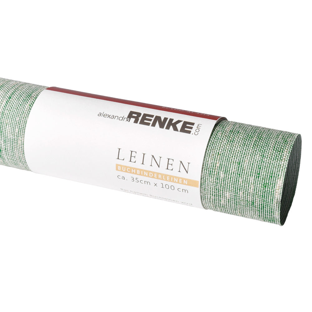 Ein gerollter Bogen grüner Buchleinen-Bucheinbandstoff, 35cm x 100cm, ideal für Heißfolienprägung, Marke ☆.