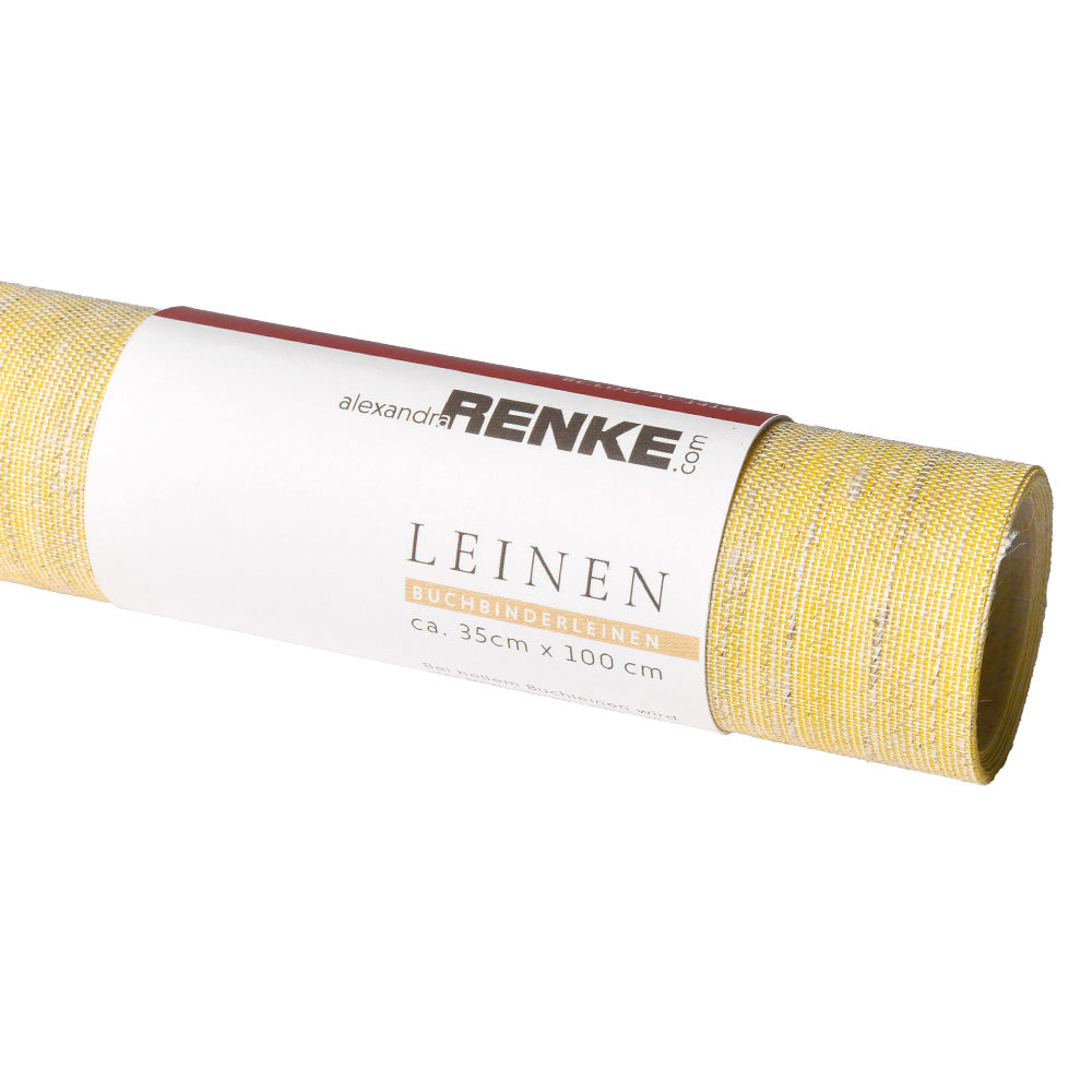 Ein 35x100 cm großer, aufgerollter Bogen gelber Buchleinen-Bucheinbandstoff von ☆, mit der Bezeichnung Leinen, aus kräftigem Baumwoll-Leinen-Gemisch. Perfekt für Heißfolienprägung und klassische Bucheinbände.