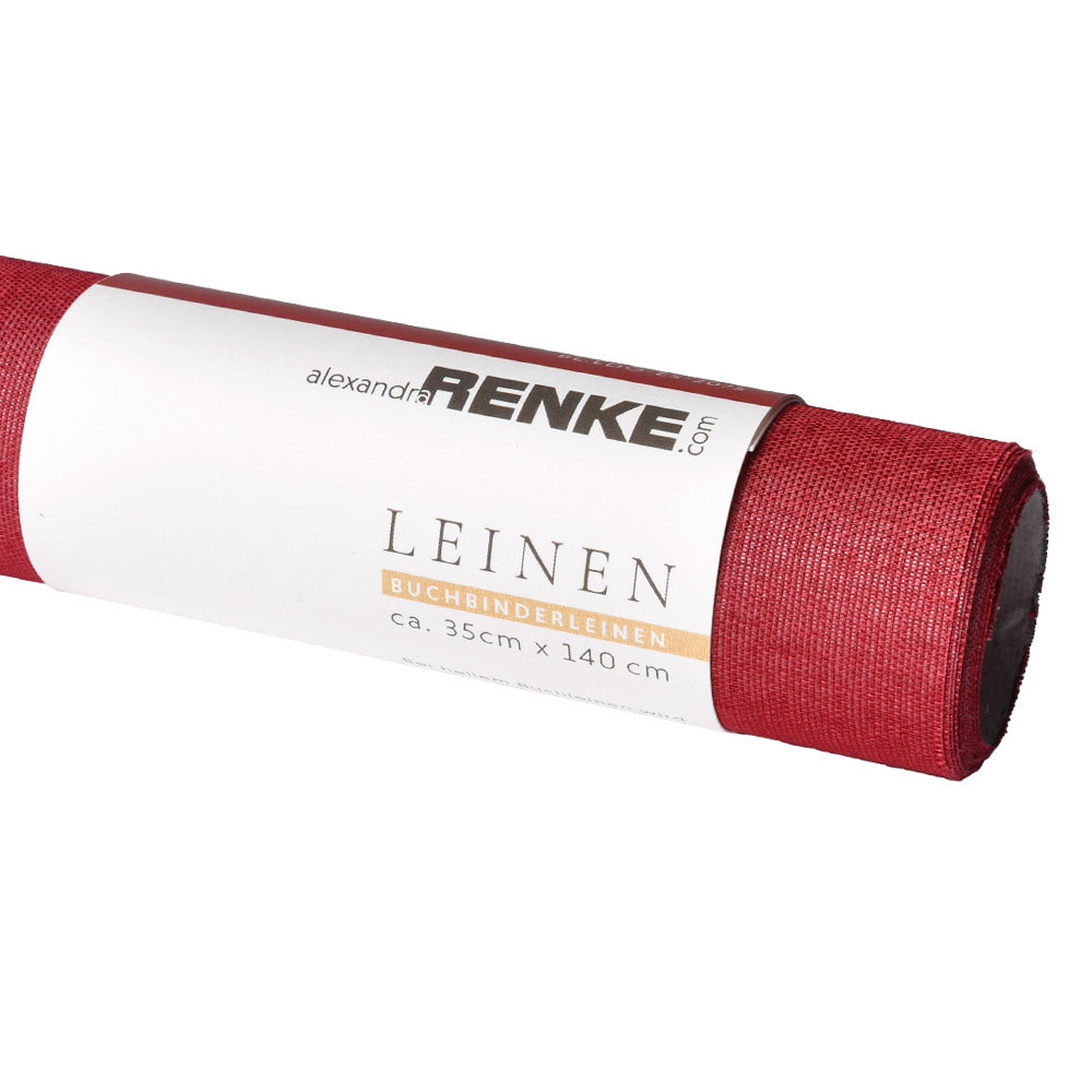 Ein 35 cm × 140 cm großes, aufgerolltes Blatt rotes Buchleinen aus Viskosegewebe mit der Bezeichnung Leinen-Marke: ☆.