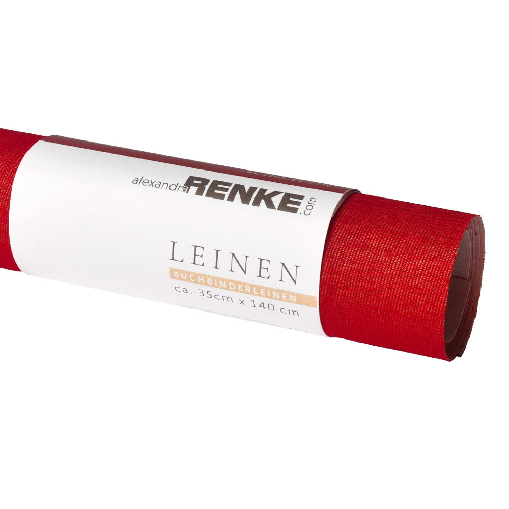 Ein aufgerolltes Laken aus rotem Buchleinen ☆ mit den Maßen 35 cm x 140 cm und einem weißen LEINEN-Etikett.