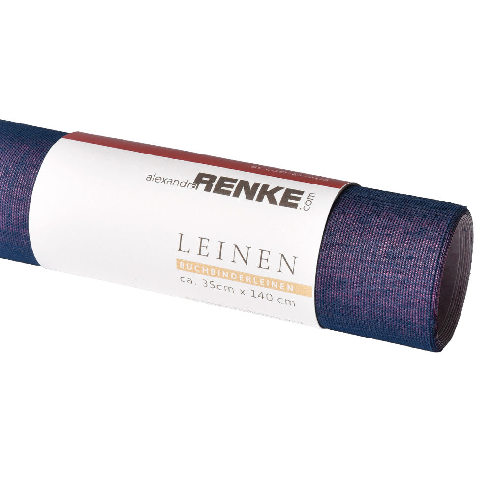 Eine Rolle dunkelblaues Buchleinen von ☆ aus strapazierfähigem Viskosegewebe, beschriftet mit "Leinen", misst etwa 35 x 140 cm - perfekt für Buchbinde- oder Heißfolienprägungsprojekte.