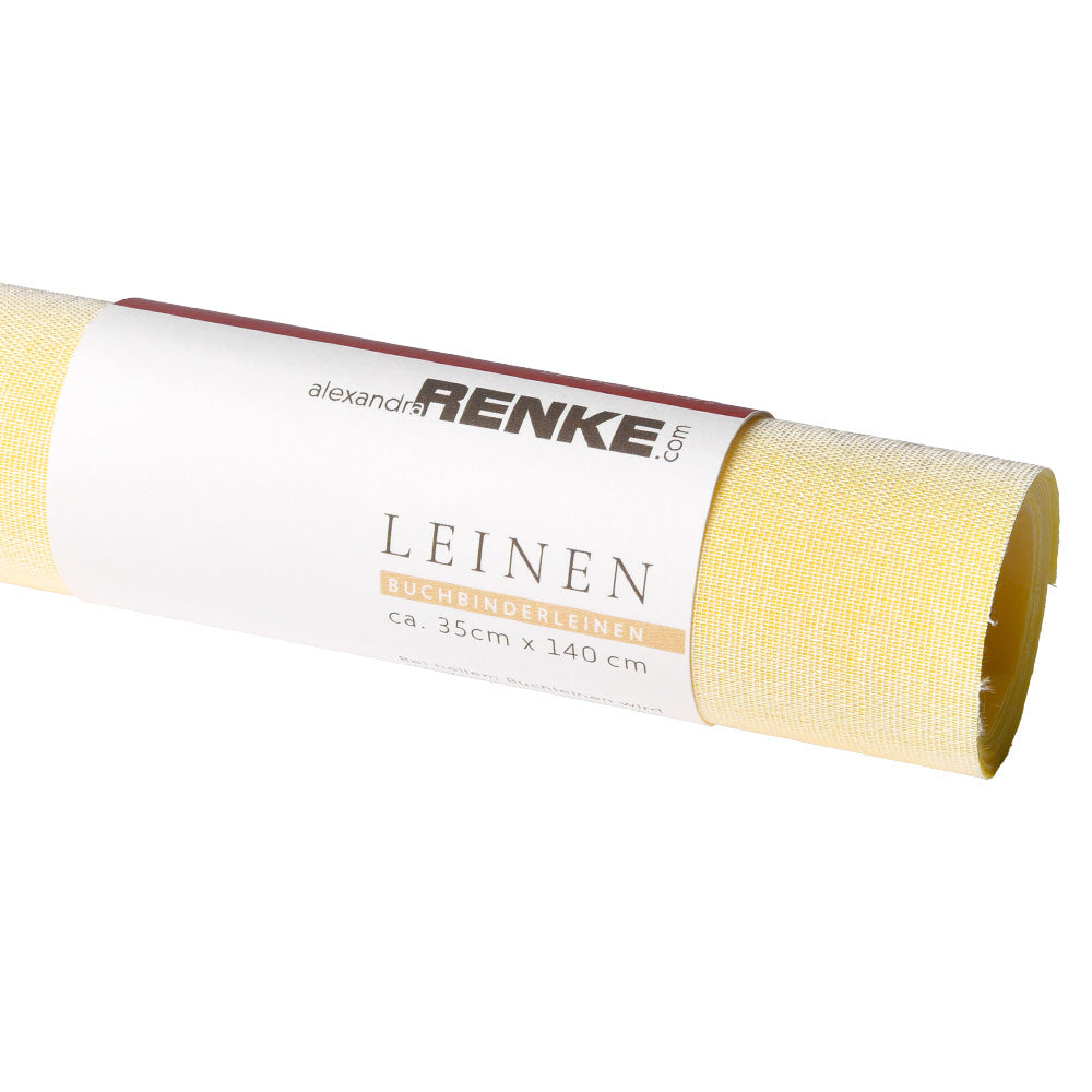 Ein 35cm x 140cm großes, gerolltes Blatt hellgelbes Buchleinen von ☆, bezeichnet mit Leinen, hergestellt aus feinem Viskosegewebe.