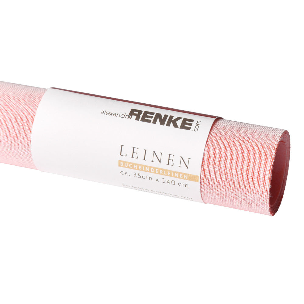 Ein aufgerolltes Stück rosafarbenes Viskosegewebe aus Leinen ☆ mit einem weißen Etikett mit den Maßen 35 cm x 140 cm.