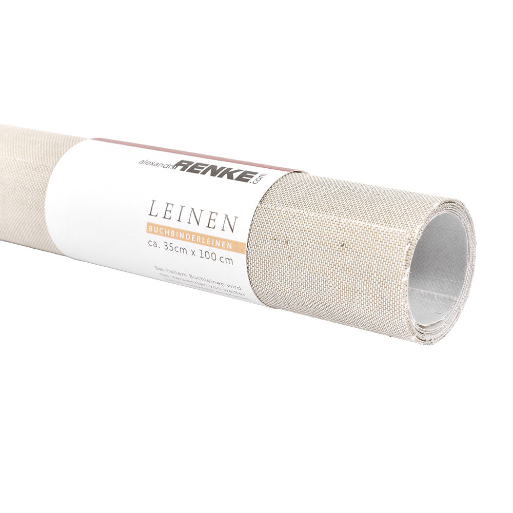 Ein gerolltes beigefarbenes Buchleinen (☆ Marke) zum Buchbinden, beschriftet mit LEINEN, ca. 35x100 cm, aus 100% Baumwolle.