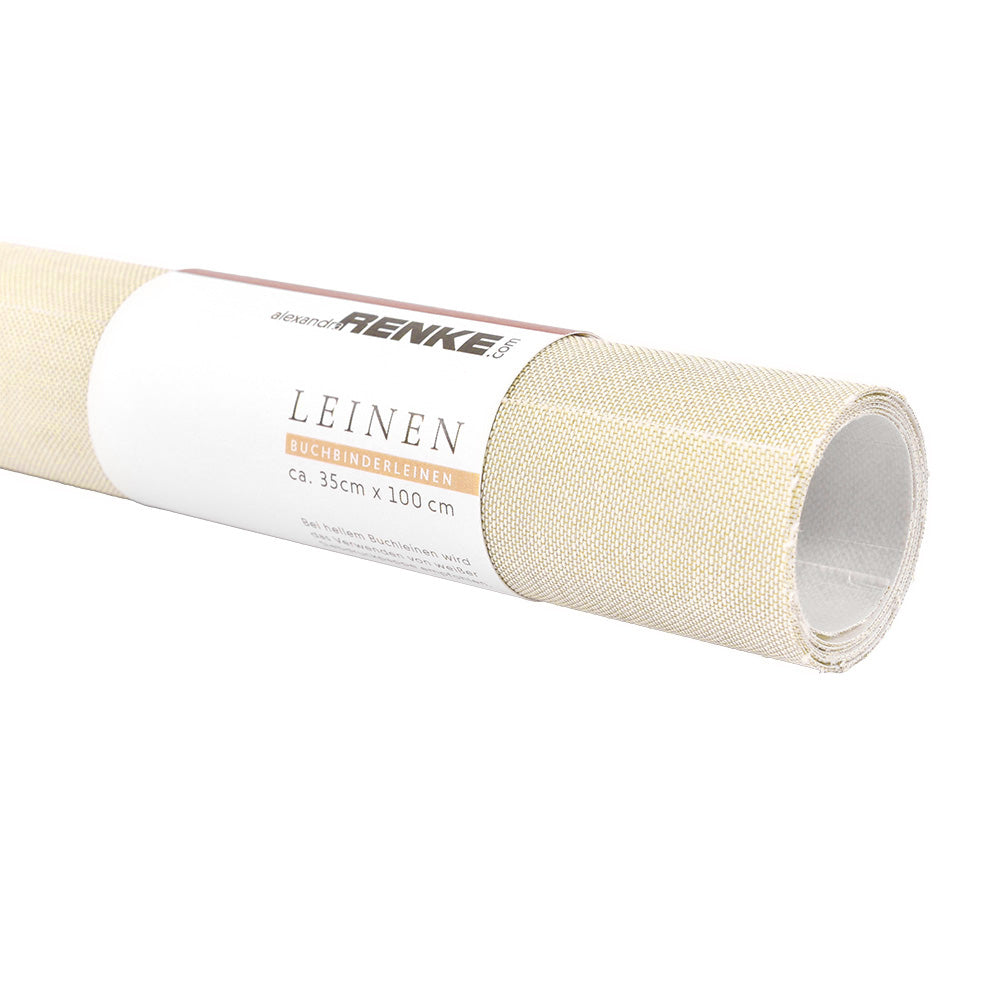 Ein aufgerollter Bogen beiger Buchleinen-Stoff von ☆, hergestellt aus 100% Baumwolle, Größe 35cm x 100cm mit einem weißen Etikett - perfekt für Buchbinden-Projekte.