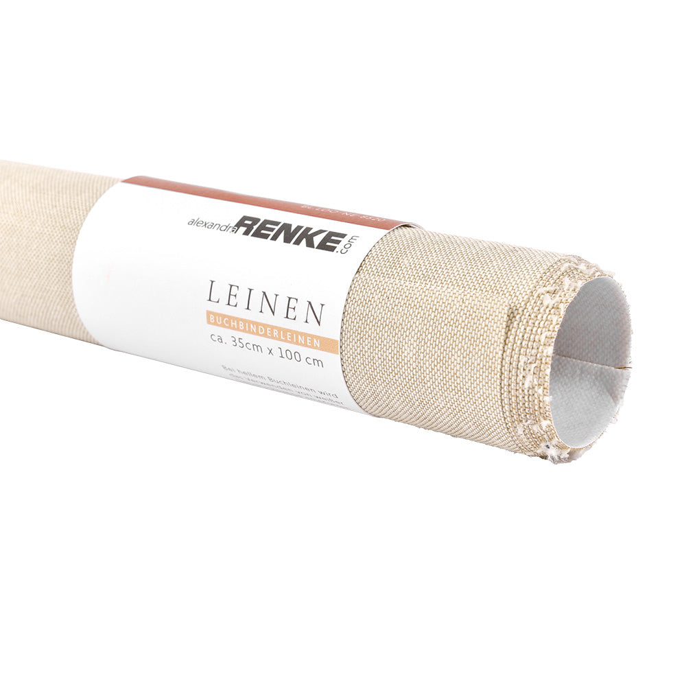 Ein gerolltes Stück beigefarbener Leinenstoff von ☆ mit der Aufschrift Leinen-perfekt für Buchbinden oder Bucheinbände. Es ist ca. 35×100 cm groß und besteht aus 100% Baumwolle für eine edle, langlebige Verarbeitung.