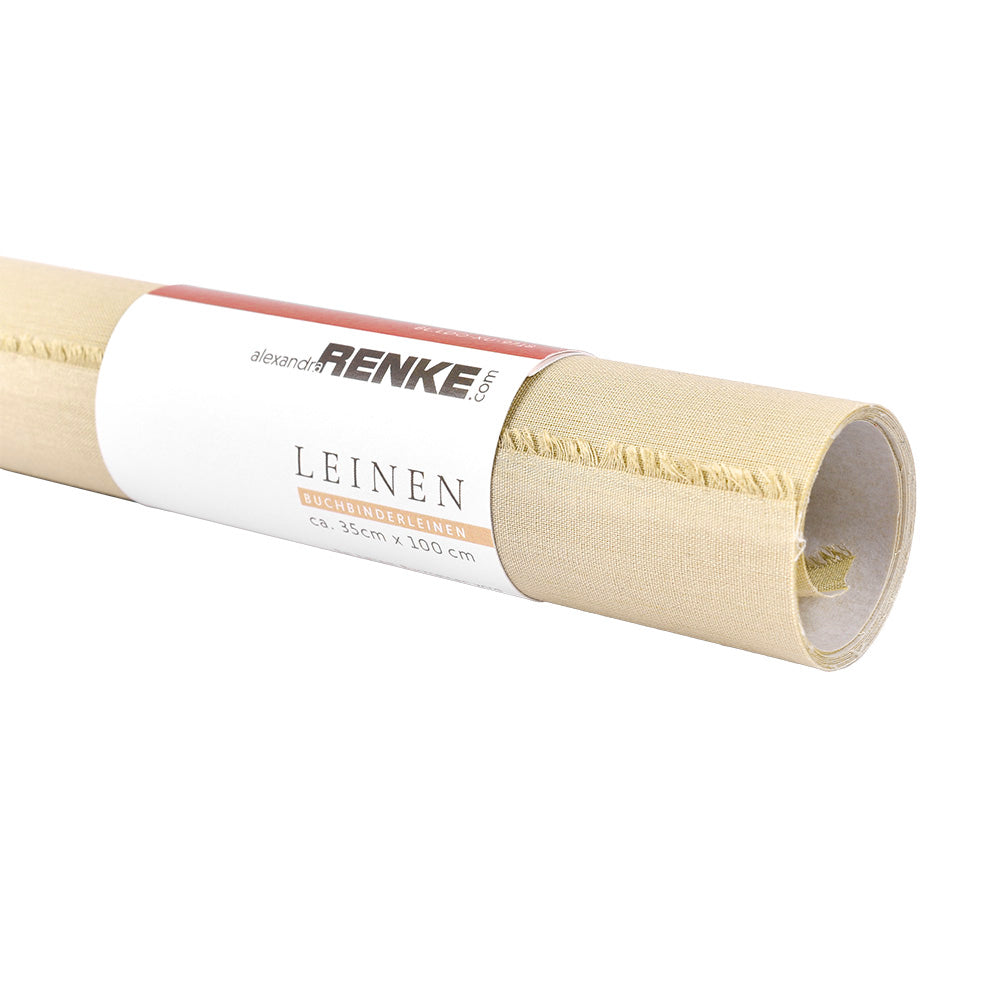 Eine Rolle beigen Buchleinenstoffs mit einem weißen Etikett, auf dem die Maße und der ☆ Markenname angegeben sind.