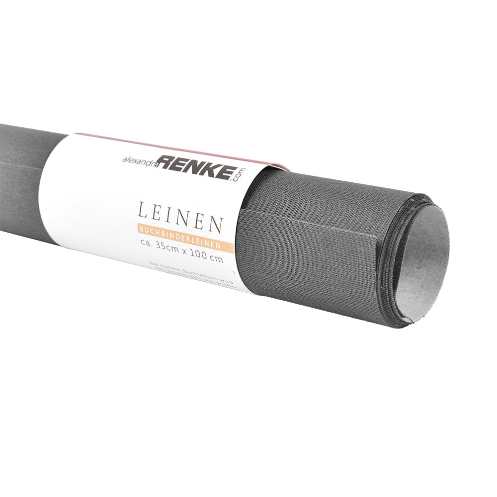 Eine Rolle grauer Buchleinen-Bucheinbandstoffe von ☆ aus strapazierfähigem Viskosegewebe ist mit einem weißen Etikett umwickelt.