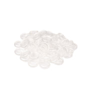 Ein Stapel kleiner, klarer, kreisrunder Bindescheiben von Alexandra Renke - ideal als Bindeelemente für Ihr Buch gestalten - ruht auf einem weißen Hintergrund.