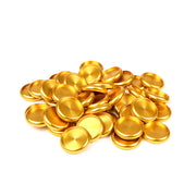 Ein Stapel glänzender, runder, goldfarbener Alexandra-Renke-Bindescheiben-Plättchen glänzt auf weißem Hintergrund.