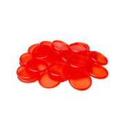 Ein Stapel roter Alexandra Renke Bindescheiben, die an Schachfiguren erinnern, ist auf einem weißen Hintergrund gestapelt und verstreut.