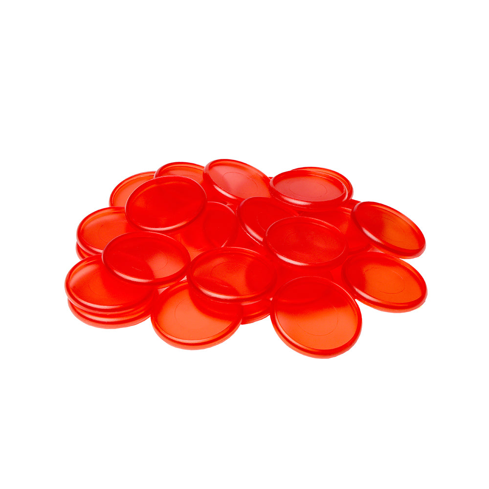 Ein Stapel roter Alexandra Renke Bindescheiben, die an Schachfiguren erinnern, ist auf einem weißen Hintergrund gestapelt und verstreut.