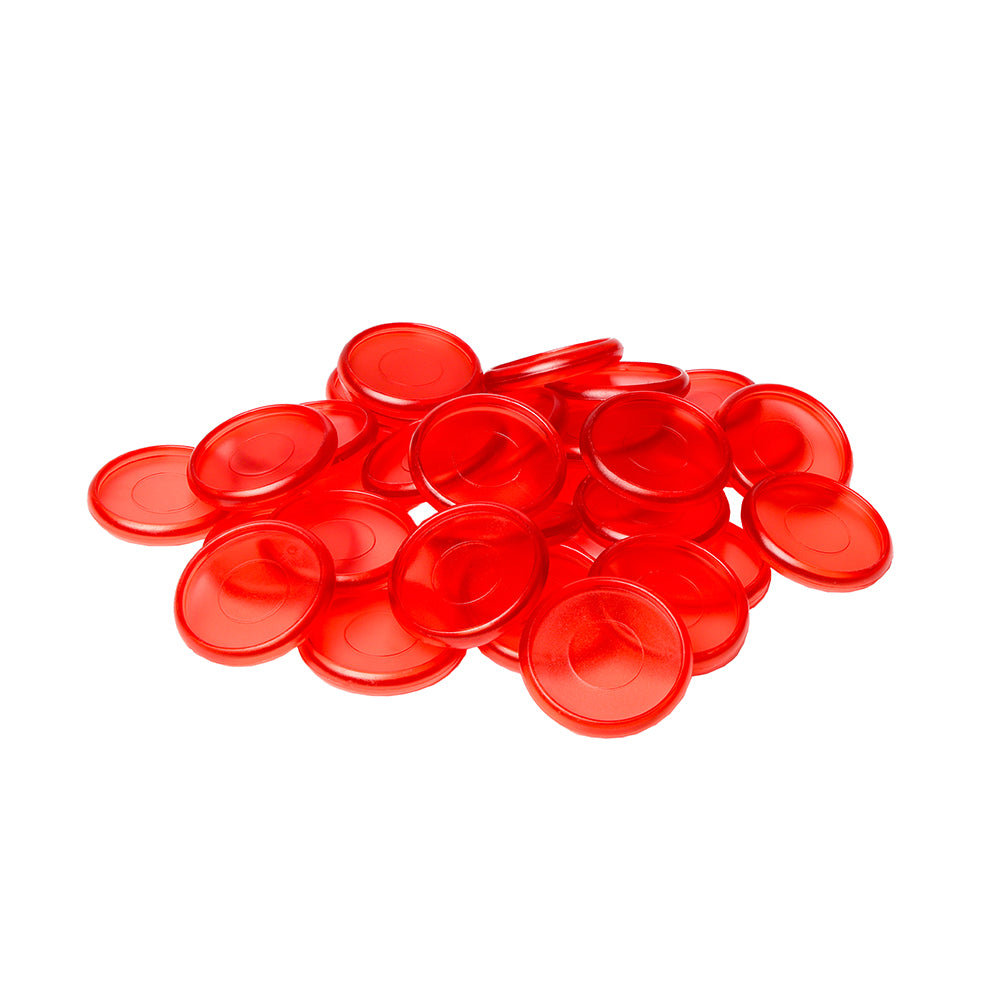 Ein verstreuter Stapel roter Plastikspielsteine von Alexandra Renke, die Bindescheiben ähneln, auf weißem Hintergrund.