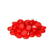 Ein Stapel runder, roter Kunststoffspielsteine von Alexandra Renke ist auf weißem Hintergrund abgebildet.