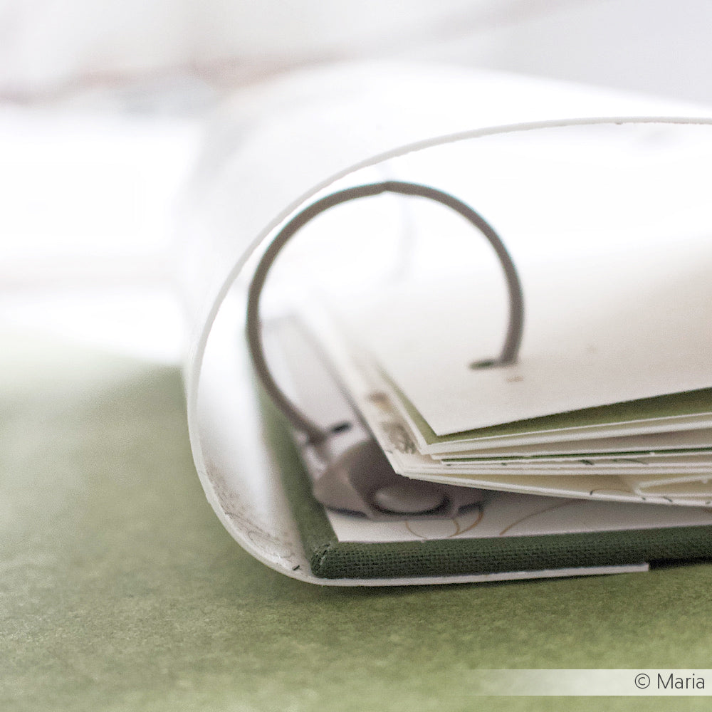 Nahaufnahme eines aufgeschlagenen weißen Ringbuchs von Alexandra Renke mit Papieren im Inneren auf grüner Oberfläche, das die Ringbuchmechanik zeigt - ideal zum Organisieren von Mini-Alben oder kreativen Buchbindeprojekten.