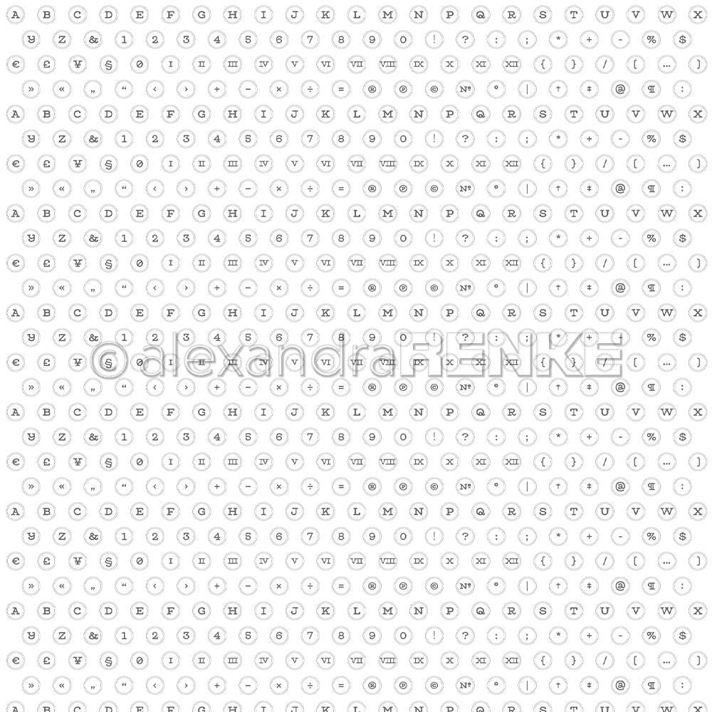 Ein Muster aus kleinen Kreisen mit schwarzen Buchstaben, Zahlen und Symbolen auf Weiß - ideal für Bucheinbandpapier oder kreatives Buchbinden. Von Alexandra Renke.