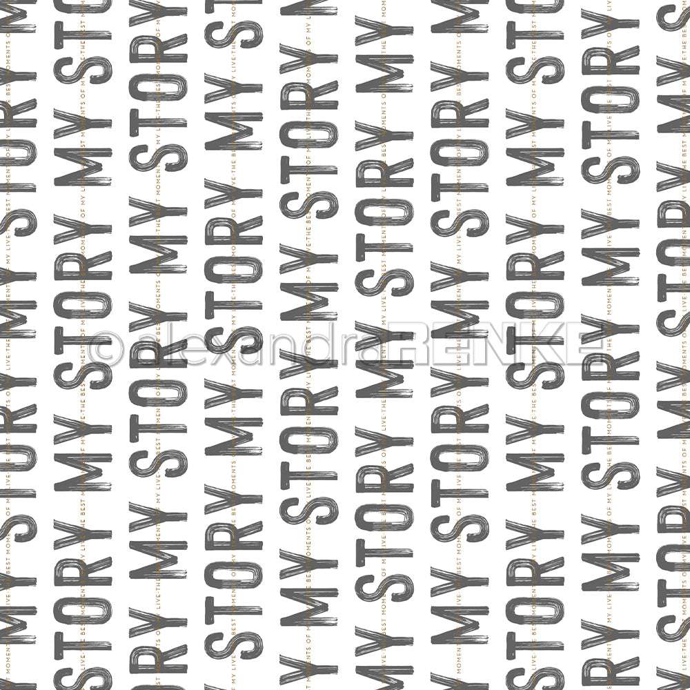 Der Satz MY STORY ist in fetten grauen Großbuchstaben wiederholt auf Weiß gedruckt - perfekt als Designpapiere oder Bucheinbandpapier von Alexandra Renke, das kreativen Buchbinden einen modernen Touch verleiht.