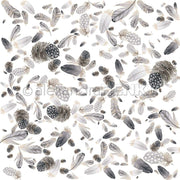 Verstreute Tannenzapfen und Federn in neutralen und grauen Tönen auf Weiß - dieses Alexandra Renke Bucheinbandpapier ist perfekt für kreatives Buchbinden oder einzigartige Designpapiere.