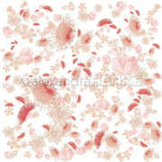 Zarte rosa- und beigefarbene Blüten, inspiriert von den Eukalyptusblüten Wirbel Rosarot von Alexandra Renke, sind auf Weiß verstreut. So entsteht ein zartes florales Muster, ideal für Bucheinbandpapier oder kreative Buchbinden-Projekte.