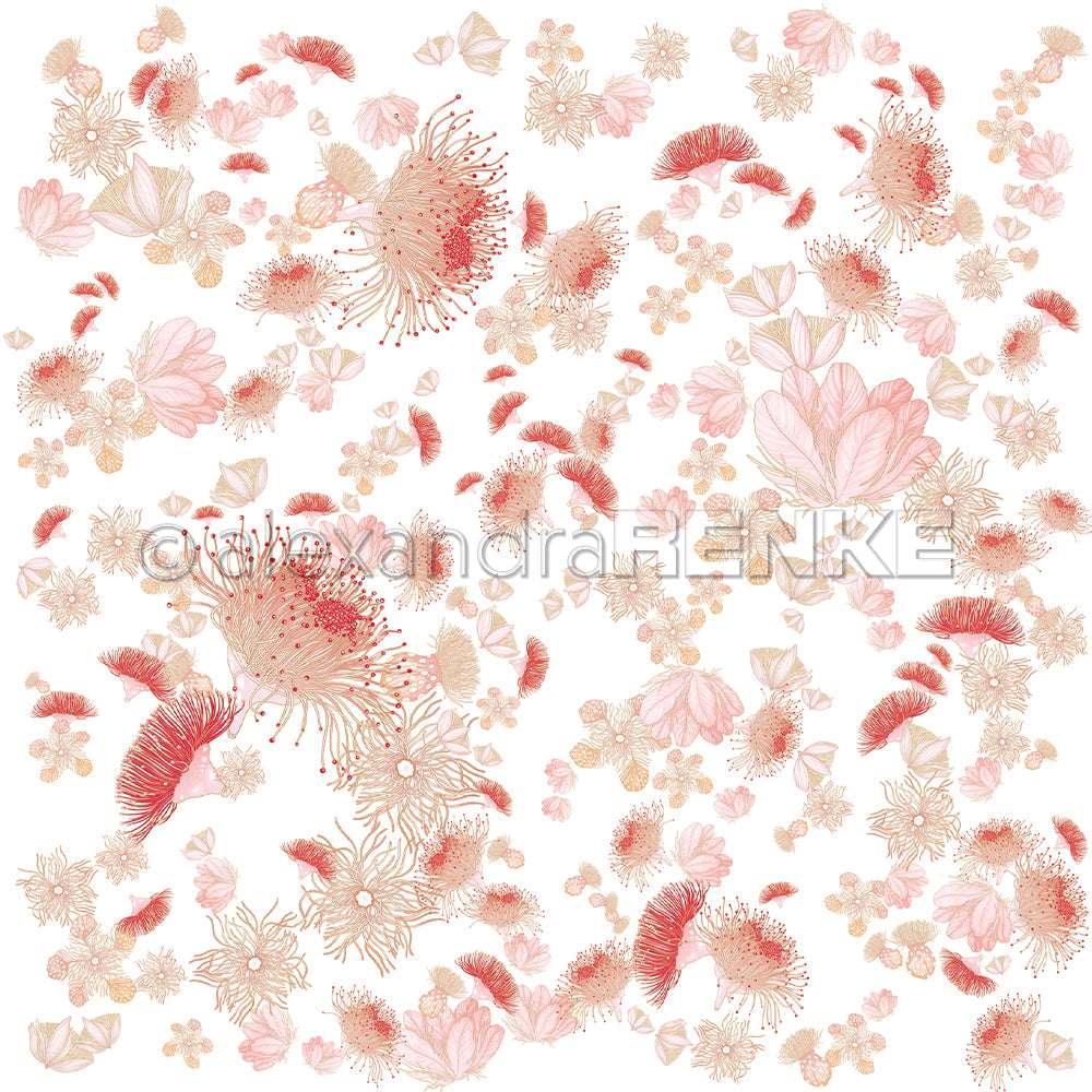 Zarte rosa- und beigefarbene Blüten, inspiriert von den Eukalyptusblüten Wirbel Rosarot von Alexandra Renke, sind auf Weiß verstreut. So entsteht ein zartes florales Muster, ideal für Bucheinbandpapier oder kreative Buchbinden-Projekte.