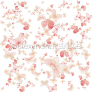 Zahlreiche rosa und beigefarbene Schmetterlinge in verschiedenen Größen verstreuen sich auf weißem Hintergrund - ideal für kreative Buchbinden oder einzigartige Designpapiere von Alexandra Renke.