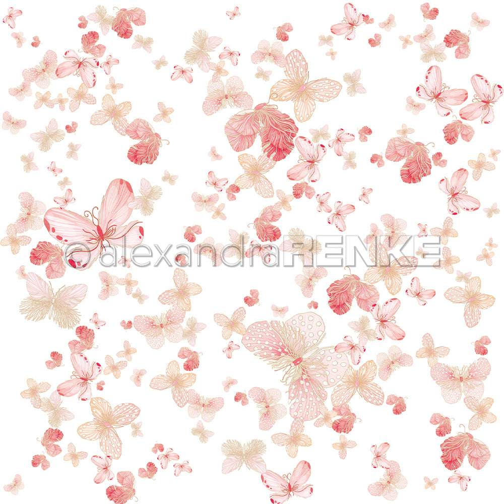 Zahlreiche rosa und beigefarbene Schmetterlinge in verschiedenen Größen verstreuen sich auf weißem Hintergrund - ideal für kreative Buchbinden oder einzigartige Designpapiere von Alexandra Renke.