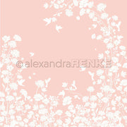 Weiße Blumen- und Vogelsilhouetten umrahmen einen zartrosa Hintergrund und bilden einen zarten Rahmen - ideal als Alexandra Renke Designpapiere für Buchbinden oder Ihr nächstes kreatives Projekt.