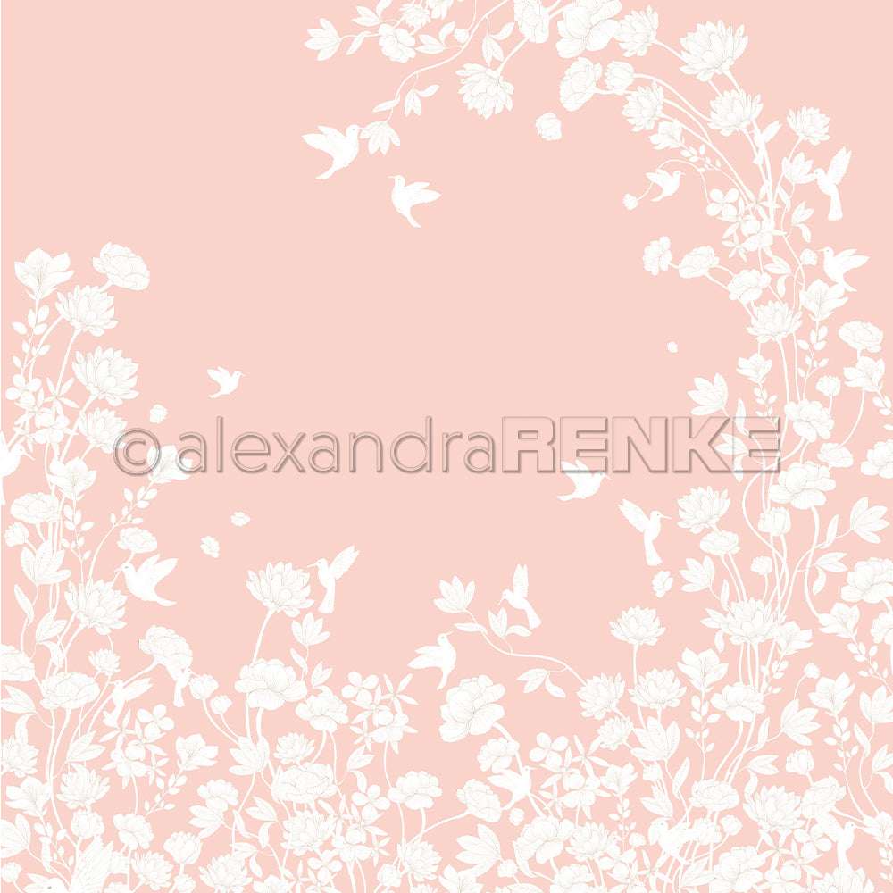 Weiße Blumen- und Vogelsilhouetten umrahmen einen zartrosa Hintergrund und bilden einen zarten Rahmen - ideal als Alexandra Renke Designpapiere für Buchbinden oder Ihr nächstes kreatives Projekt.