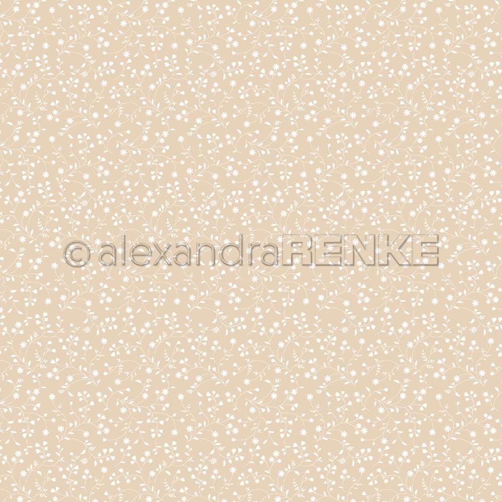 Beigefarbener Hintergrund mit zartem weißem Blumen- und Blattmuster von Alexandra Renke - ideal als Designpapier oder Bucheinbandpapier für kreatives Buchbinden, das Ihren Entwürfen einen weichen, dezenten Touch verleiht.