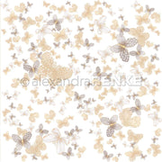 Zarte beige und graue Schmetterlinge zieren einen weißen Hintergrund in einem sich wiederholenden Muster - ideal für kreative Buchbinden oder elegante Designpapiere von Alexandra Renke.