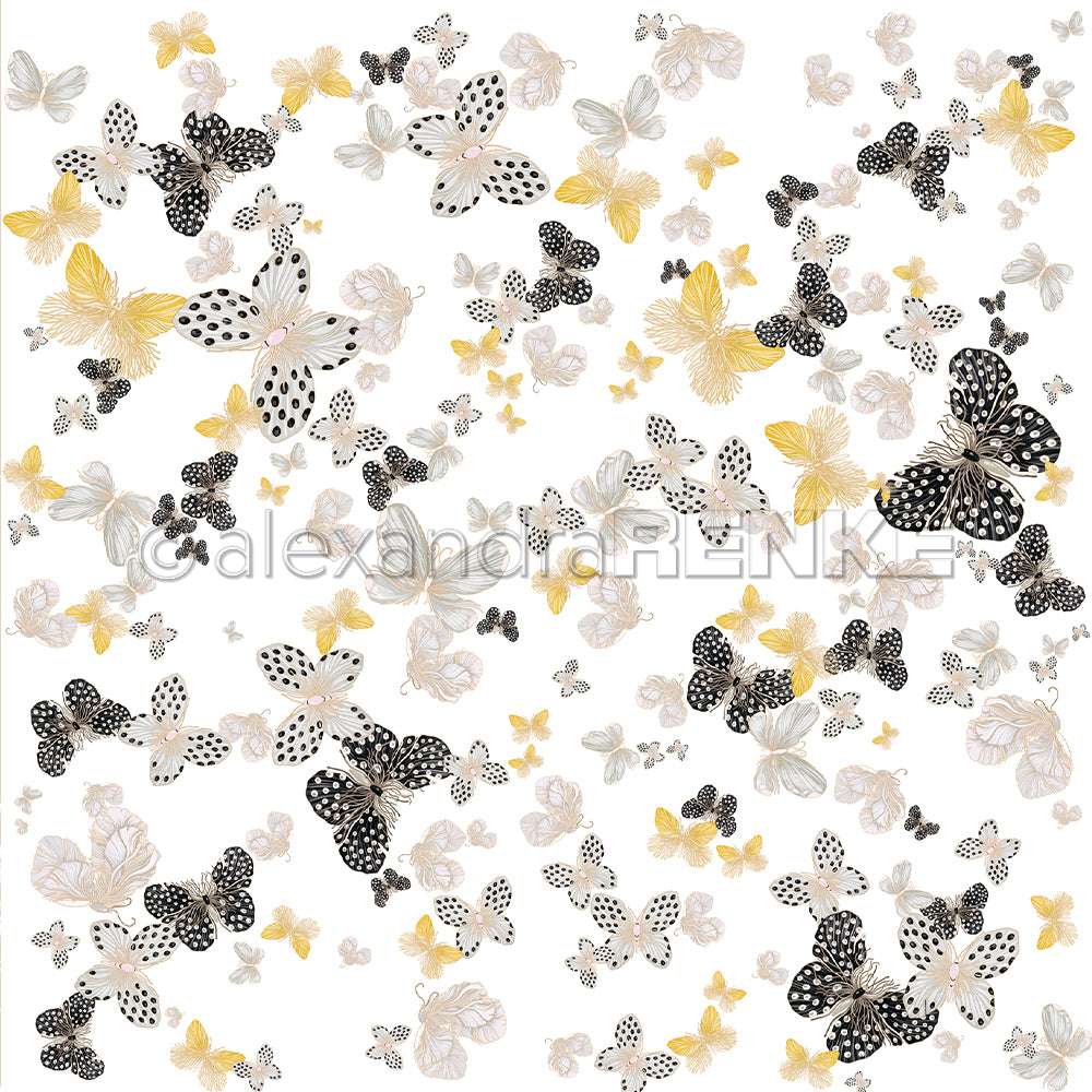 Muster aus schwarzen, weißen und gelben Schmetterlingen mit dezenten floralen Akzenten auf Weiß - ideales Alexandra Renke Bucheinbandpapier für kreative Buchbinden oder einzigartige Designpapiere.