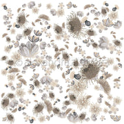 Zartes beige-braunes Blumenmuster mit abstrakten Blüten, Blütenblättern und Blättern im Eukalyptusblüten-Design auf weißem Bucheinbandpapier für kreatives Buchbinden von Alexandra Renke.